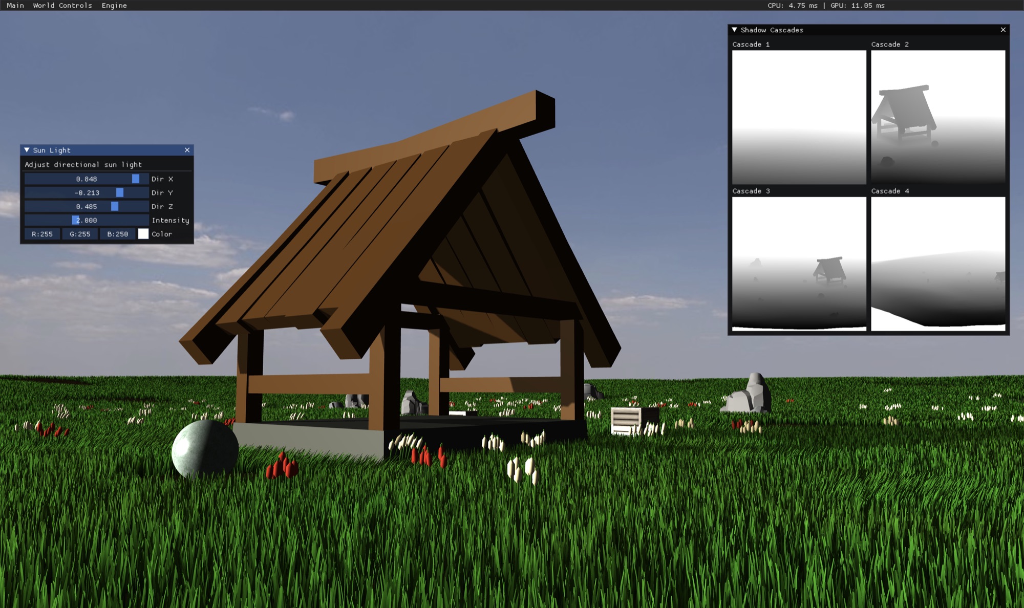 The running renderer: a wooden hut stands in a dense grassy meadow dotted with red and white flowers, rocks and a marble sphere, under a blue sky with clouds. ImGui panels show sun-light controls on the left and four shadow-cascade depth maps on the right, with CPU and GPU frame times in the menu bar.